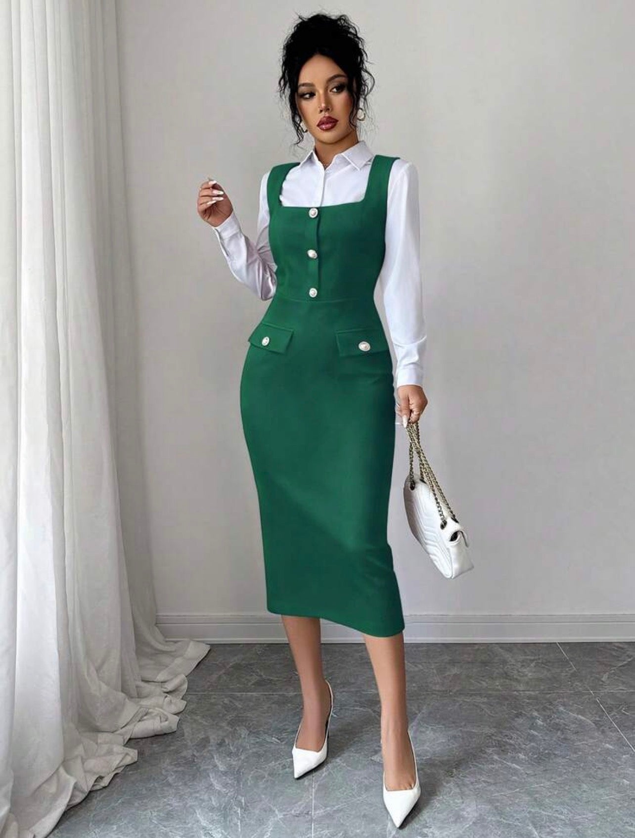 Women’s Elegant Textured Knit Square Neck Sleeveless Pearl Button Dress