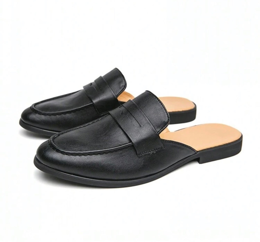 Men’s Classic Black & White Leather Slip-On Mule Sandals