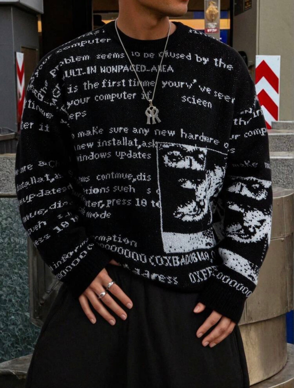 Unisex Retro Abstract Letter Print Jacquard Knit Crew Neck Sweater – Casual Pullover