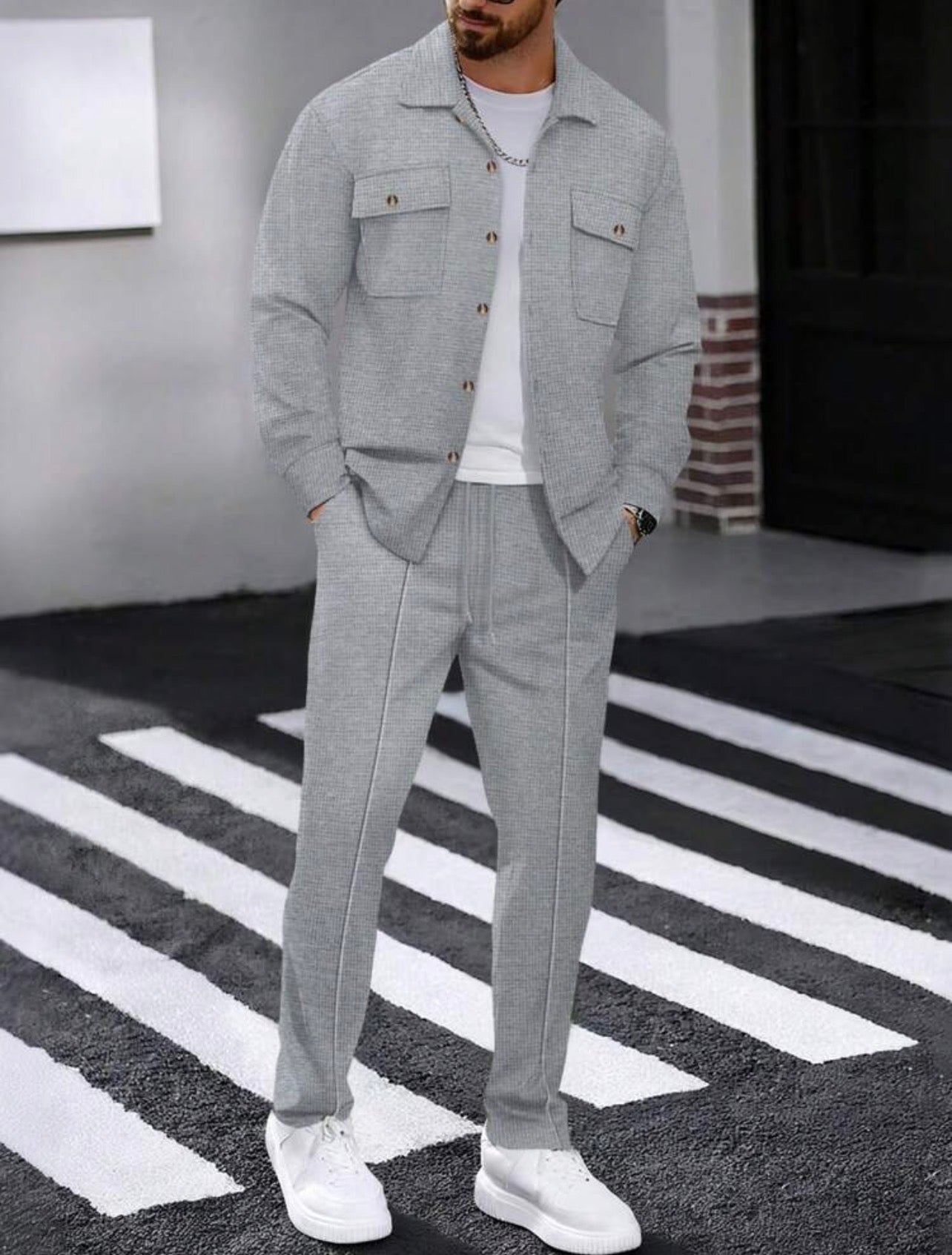 Men’s Solid Color Collared Shirt with Pockets & Pants Two-Piece Casual Set – Leisure Outfit