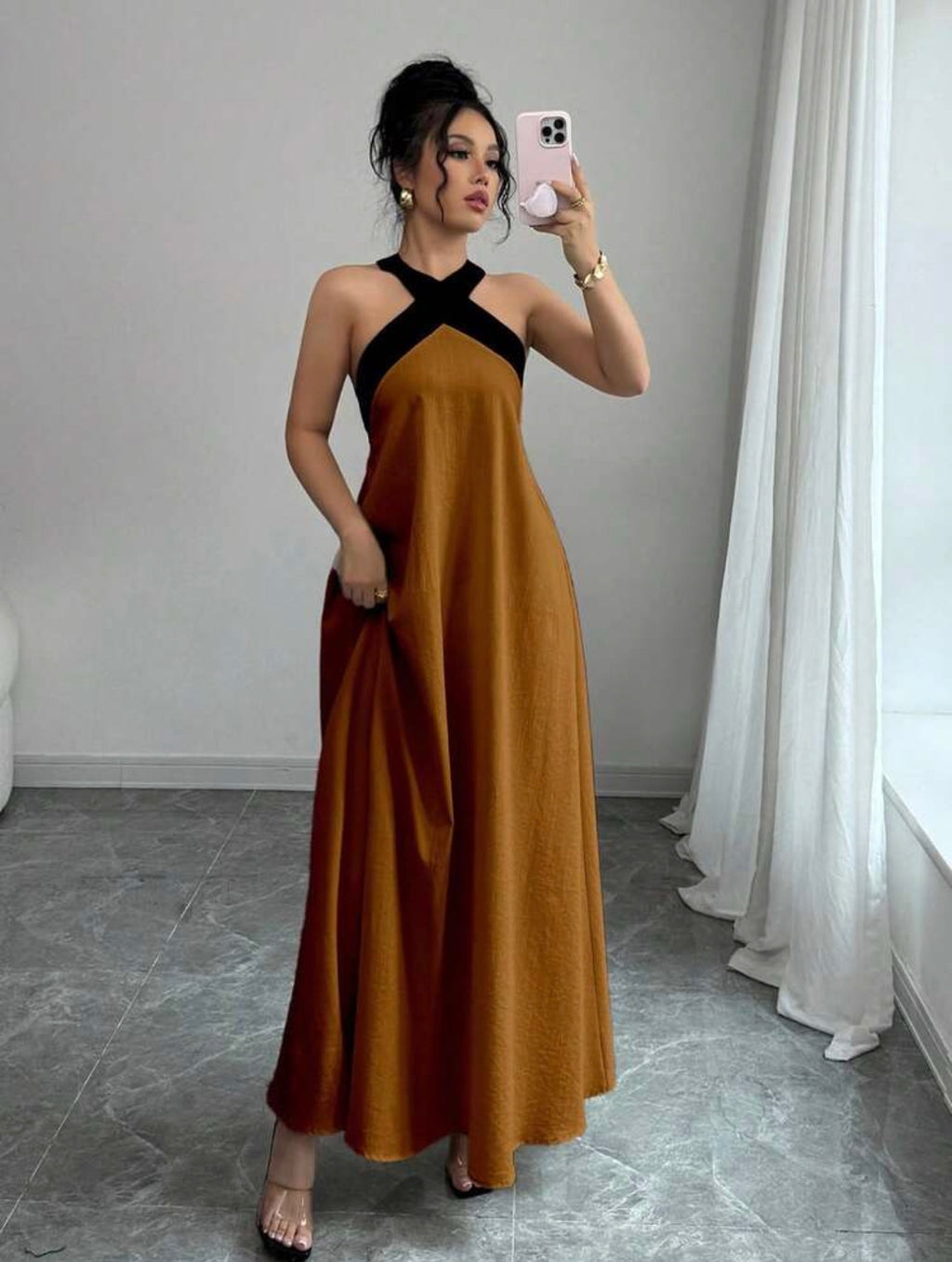 Elegant Color Block Halter Backless Bowknot Strap Sleeveless Maxi Dress – Casual Resort We