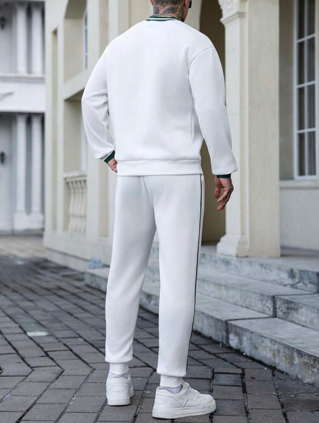 Men’s Fleece Thermal Lined Sweatshirt & Drawstring Sweatpants Two-Piece Set – Contrast Trim Casual Outfit