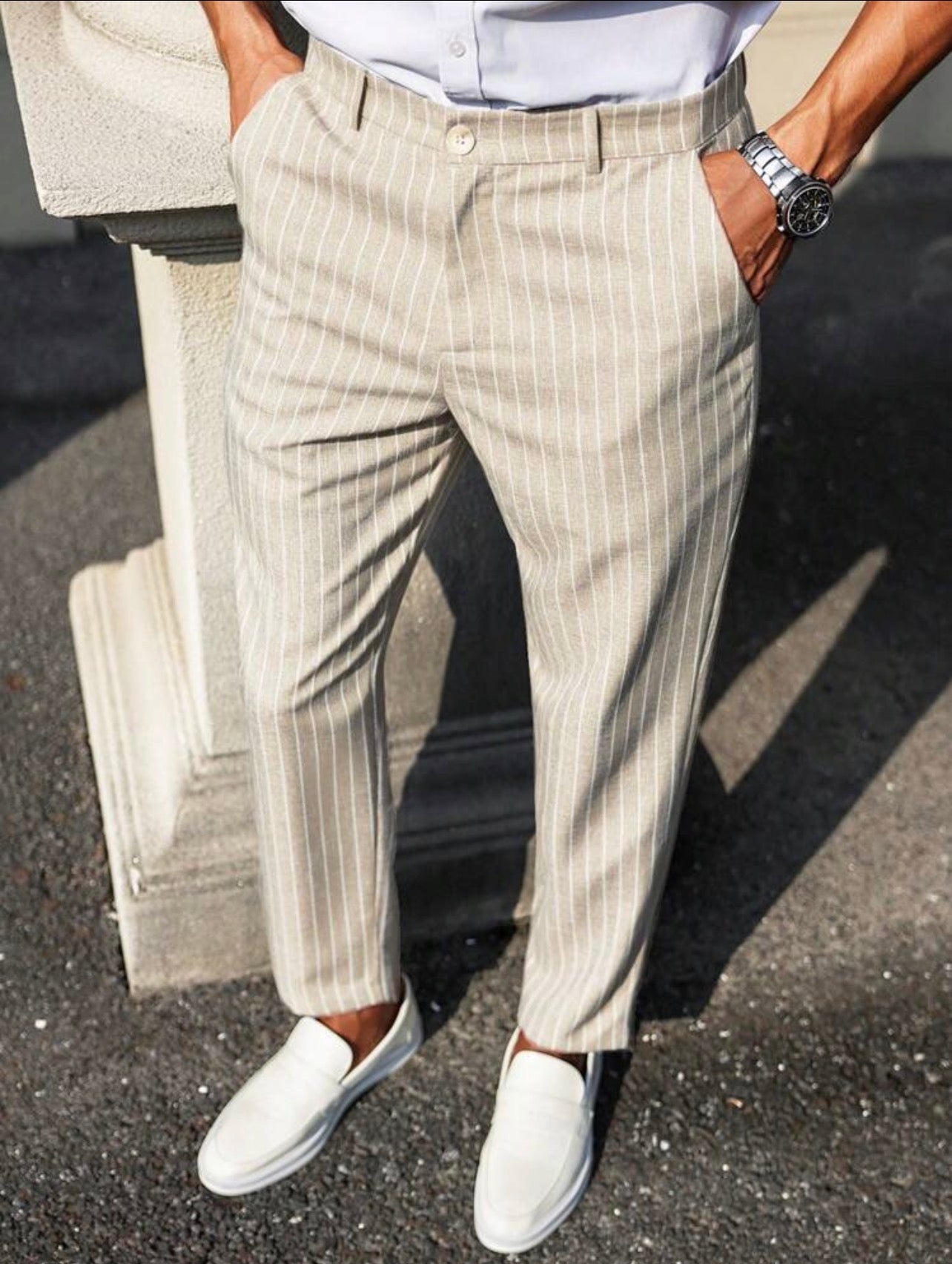 Men’s Striped Tapered Loose Fit Suit Pants with Pockets – Casual Formal Trousers
