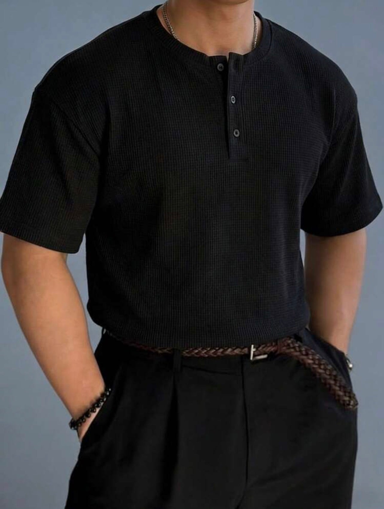 Men’s Waffle Knit Henley Collar Button Casual Polo Shirt – Relaxed Fit Short Sleeve Top