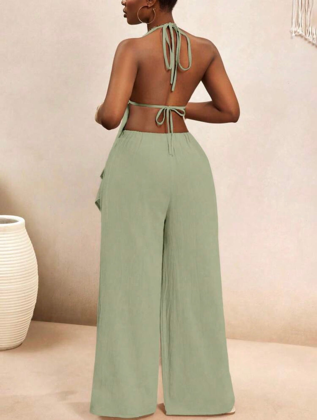 Women’s Bohemian Halter Backless Flowy Top & Wide Leg Pants Casual Vacation Set