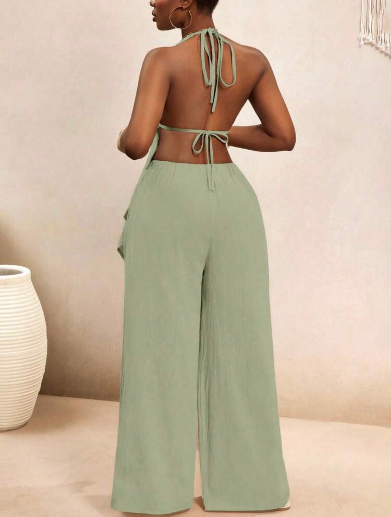 Women’s Bohemian Halter Backless Flowy Top & Wide Leg Pants Casual Vacation Set
