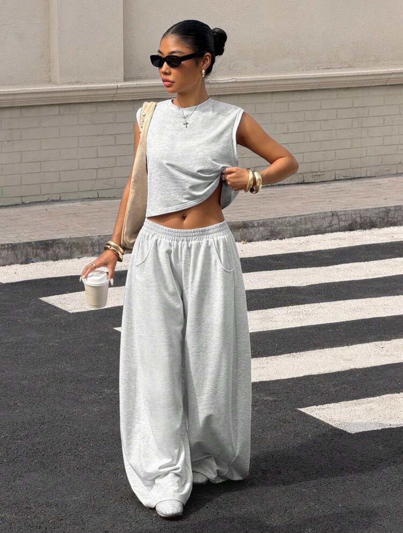 Women’s Grey Knit Casual Sweatsuit Two-Piece Set – Comfortable Co-Ord Outfit