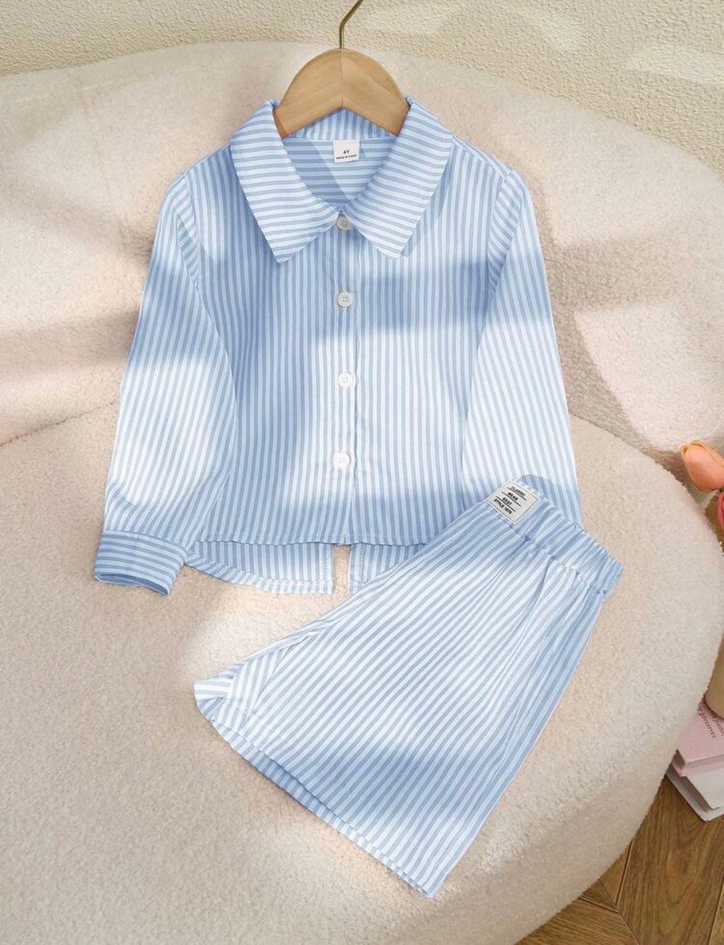 Girls Patchwork Contrast Collar Long Sleeve Shirt & Striped Pants Outfit Set