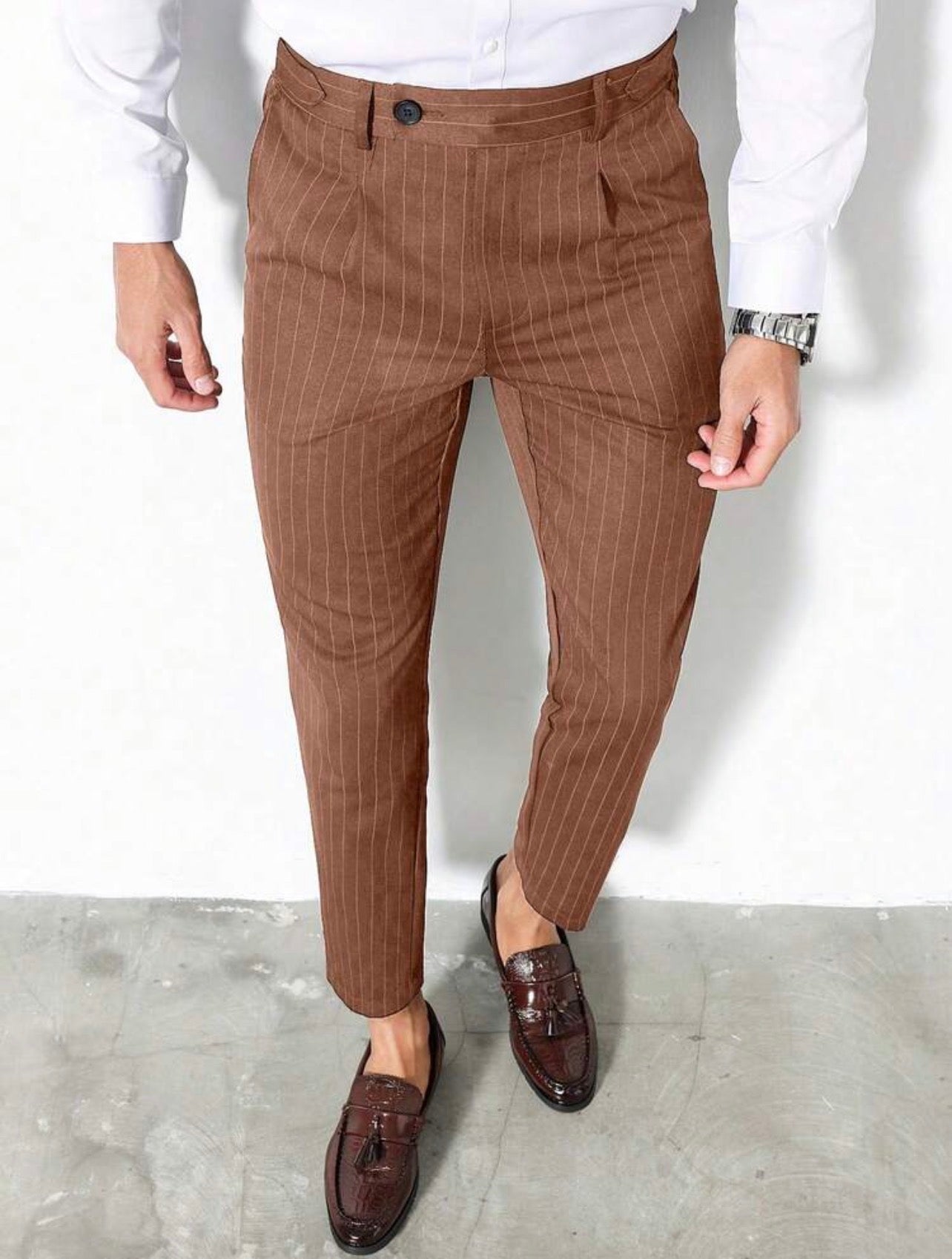 Men’s Vertical Striped Tapered Suit Pants – Business Casual Formal Trousers