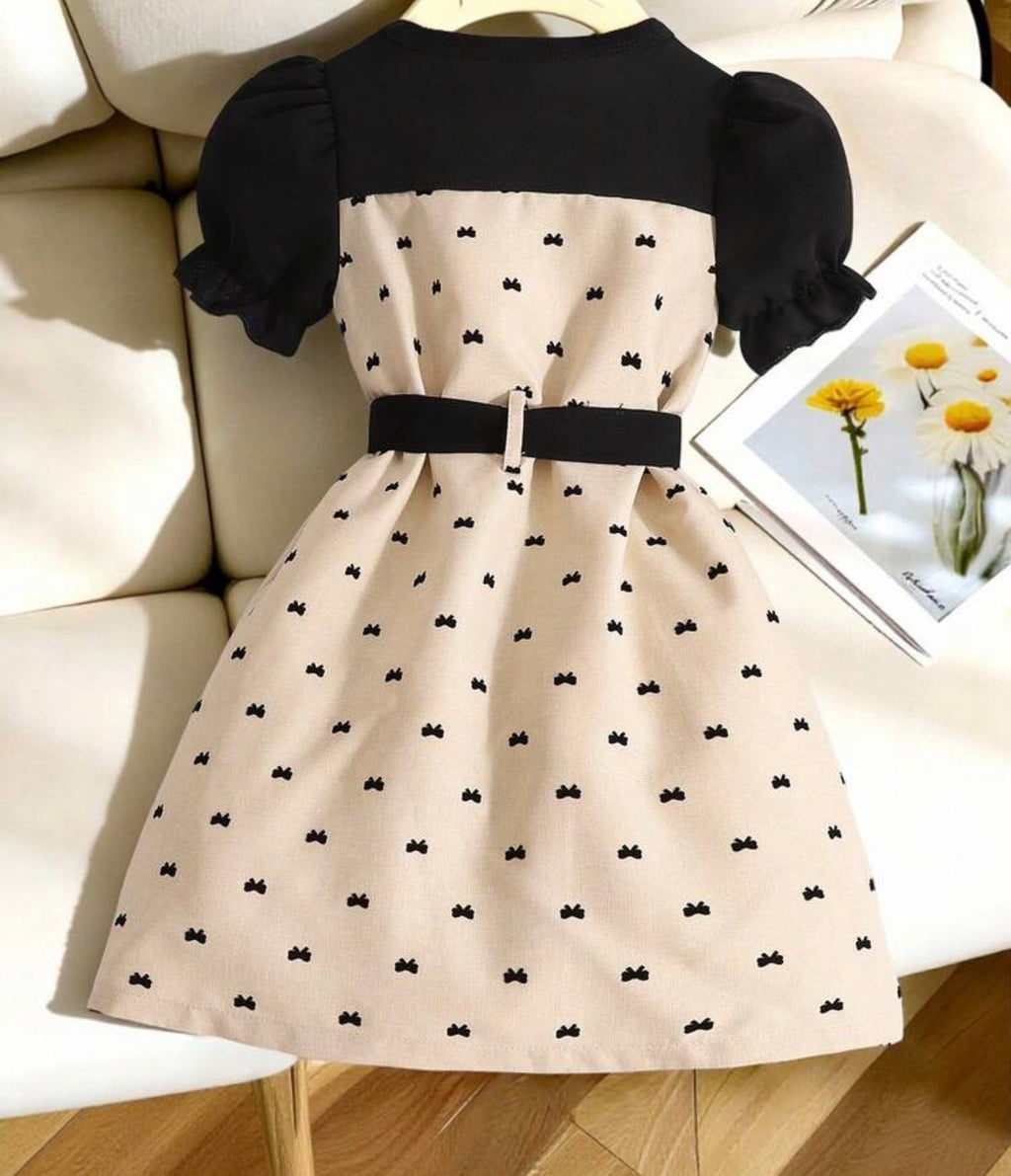 Girls Contrast Color Petal Sleeve Bow Detail A-Line Dress for Parties & Casual Wear