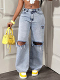 Women’s Distressed Wide Leg Jeans with Pocket & Button Detail