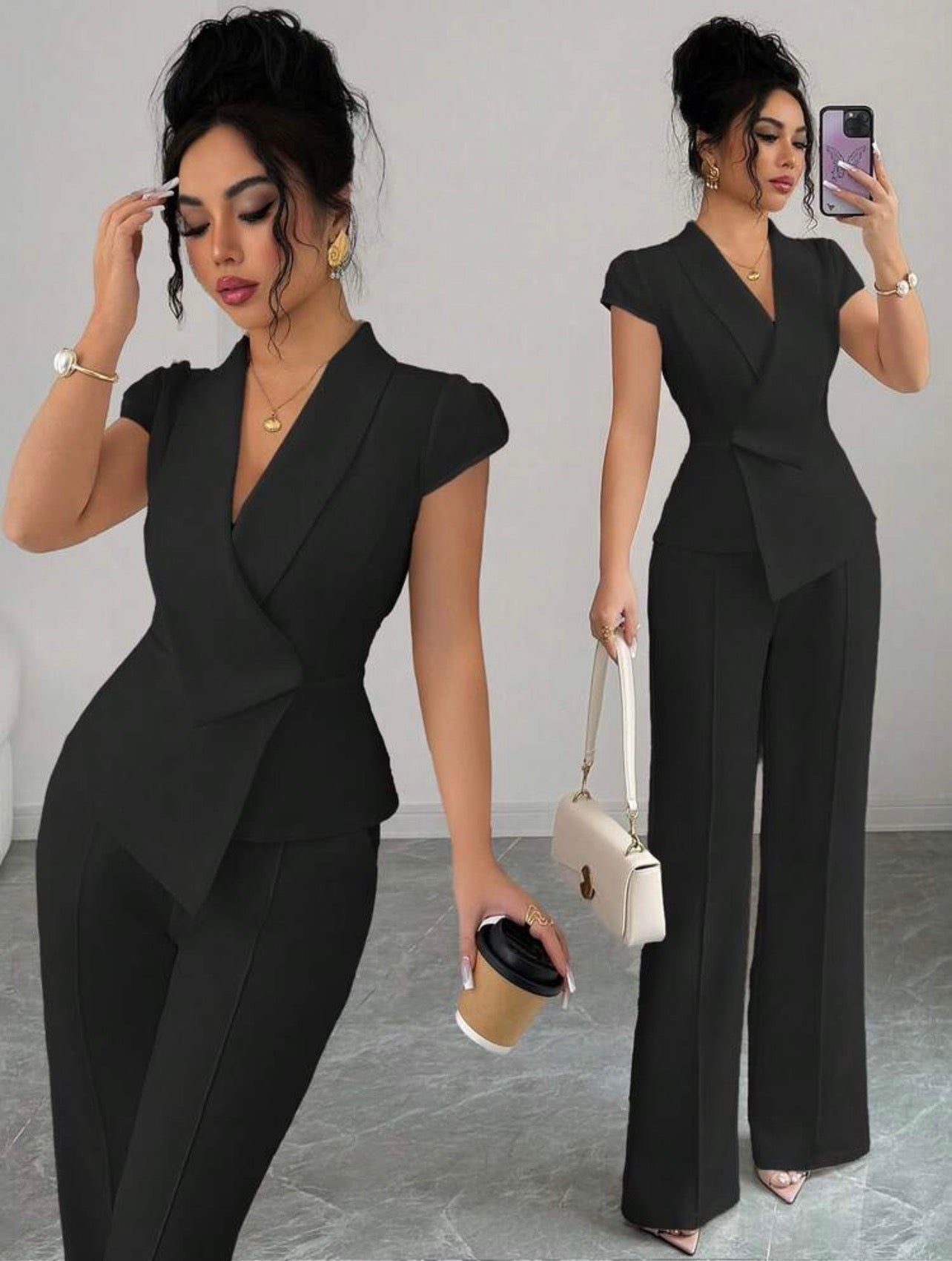 Women’s Elegant Asymmetrical Collar Puff Sleeve Blouse & Elastic Waist Pants Two-Piece Set
