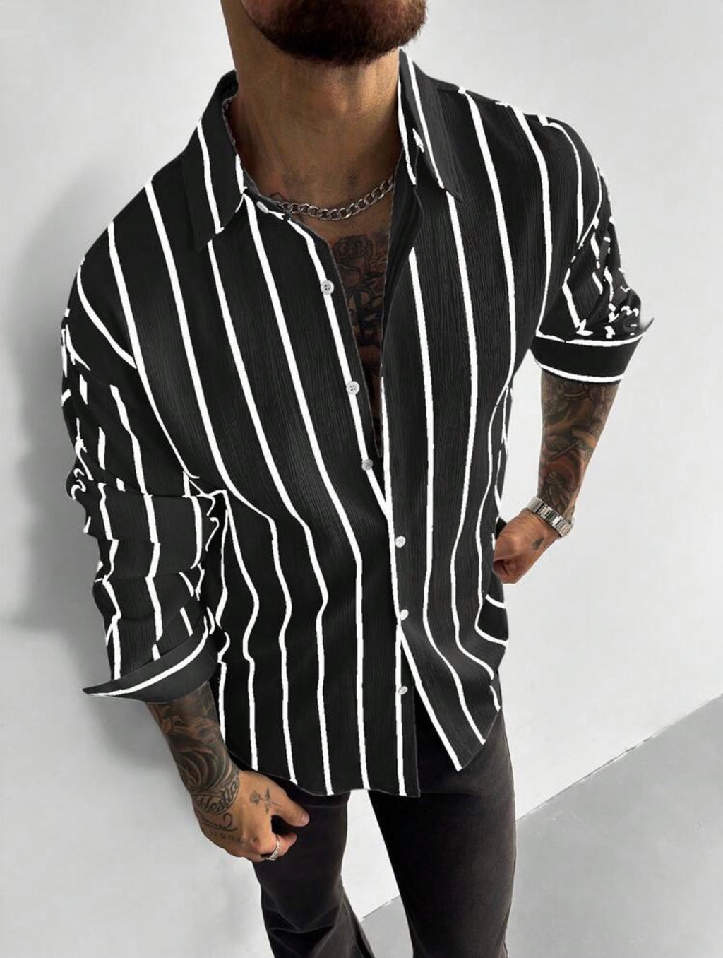 Men’s Classic Striped Linen-Feel Long Sleeve Button-Down Shirt – Casual Office Top