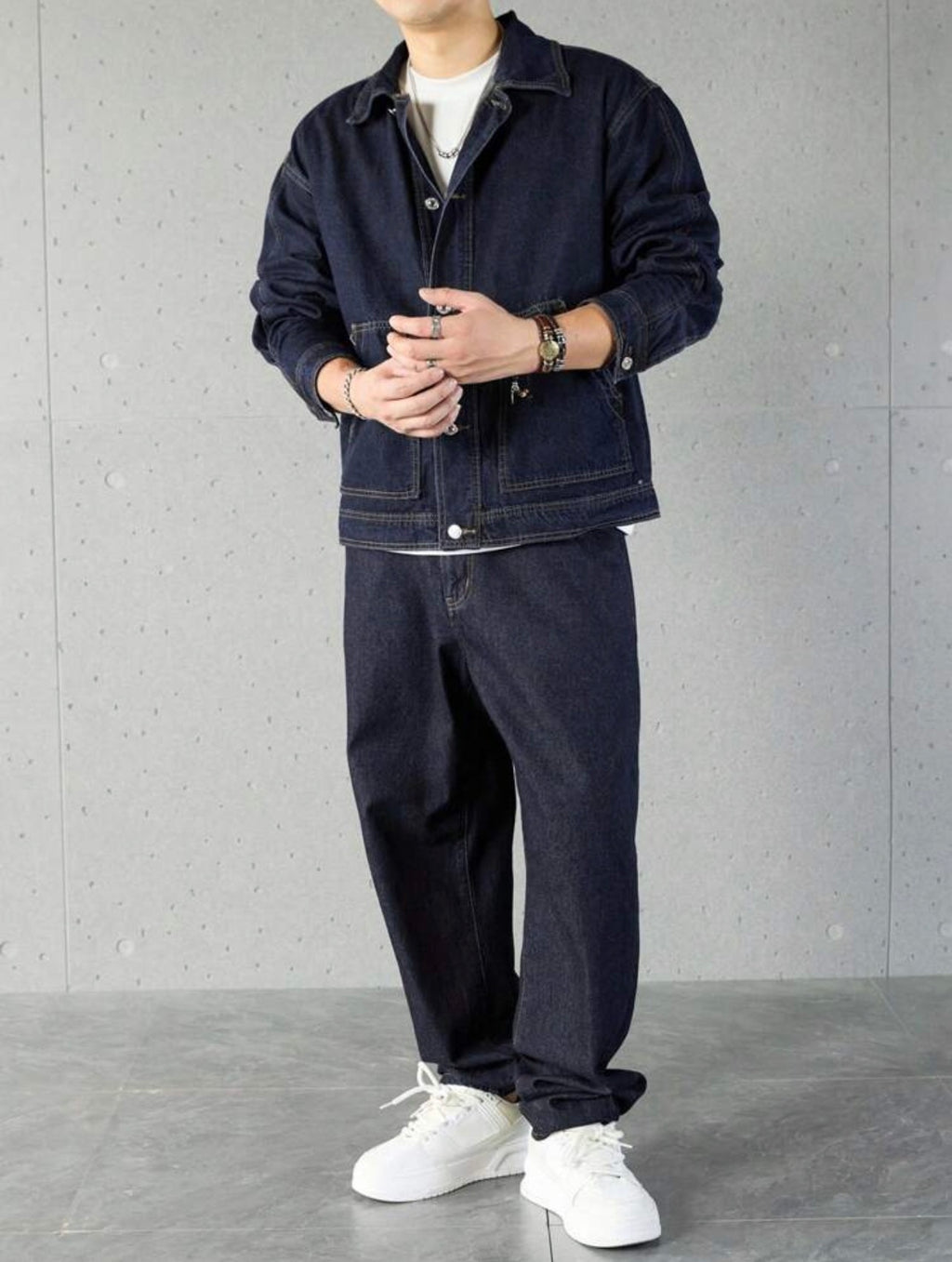 Men’s Solid Color Denim Two-Piece Set – Long Sleeve Top & Pants Casual Outfit