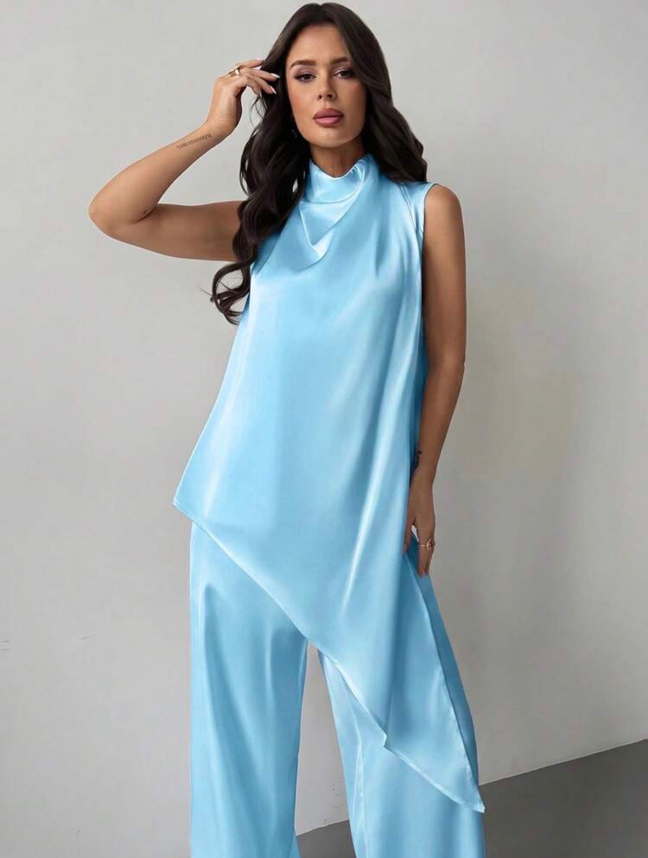 Women’s Satin Sleeveless Pleated Collar Blouse & Straight Leg Pants Elegant Two-Piece Set