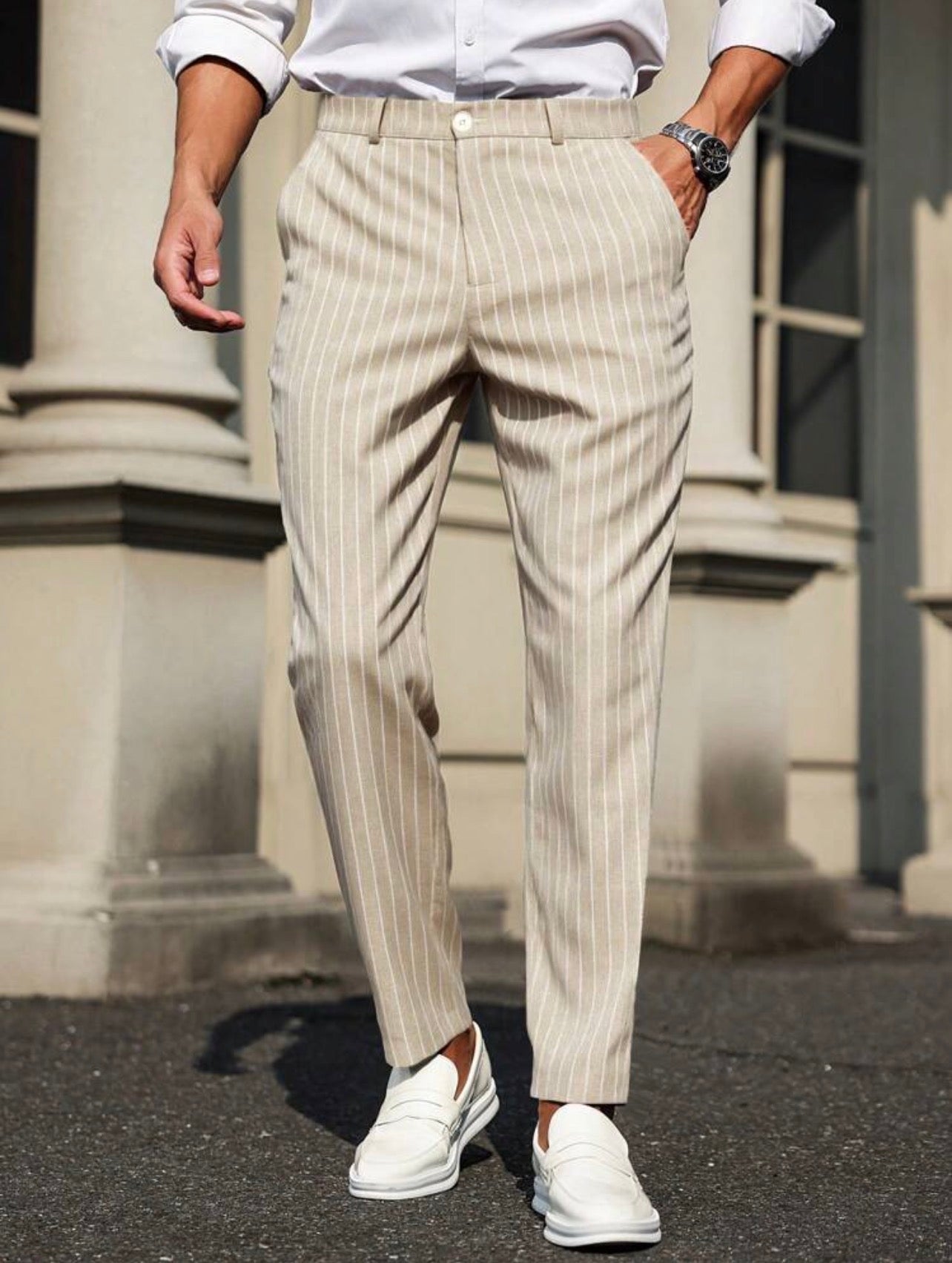 Men’s Striped Tapered Loose Fit Suit Pants with Pockets – Casual Formal Trousers