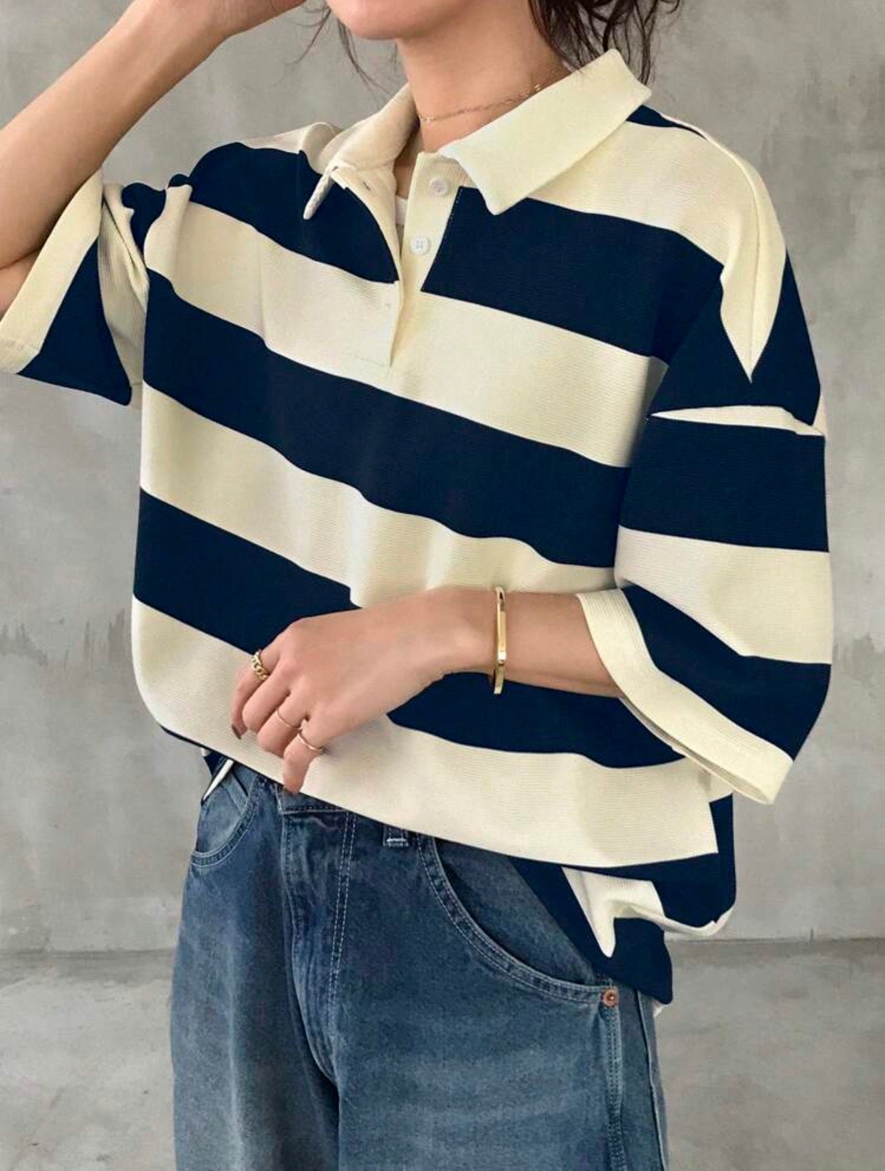 Women’s Striped Polo Neck Short Sleeve Loose Fit T-Shirt – Casual Summer Top