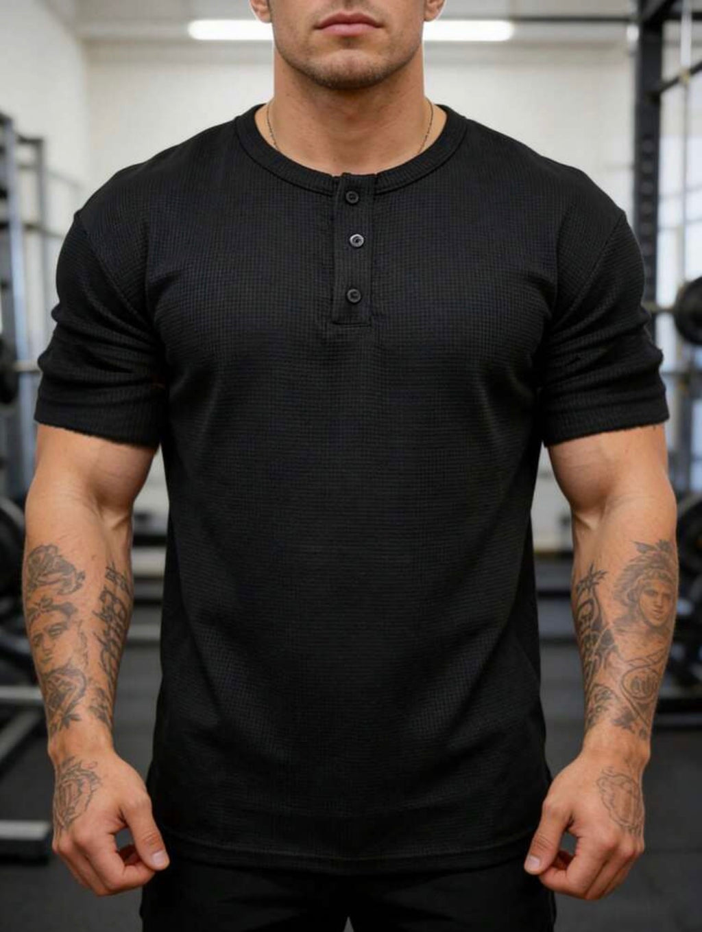 Men’s Waffle Knit Henley Collar Button Casual Polo Shirt – Relaxed Fit Short Sleeve Top