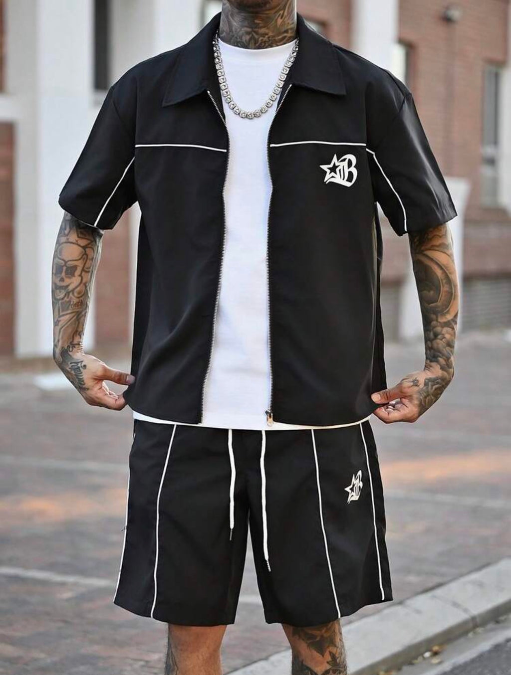 Men’s Star Print Zipper Shirt & Shorts Three-Piece Streetwear Set