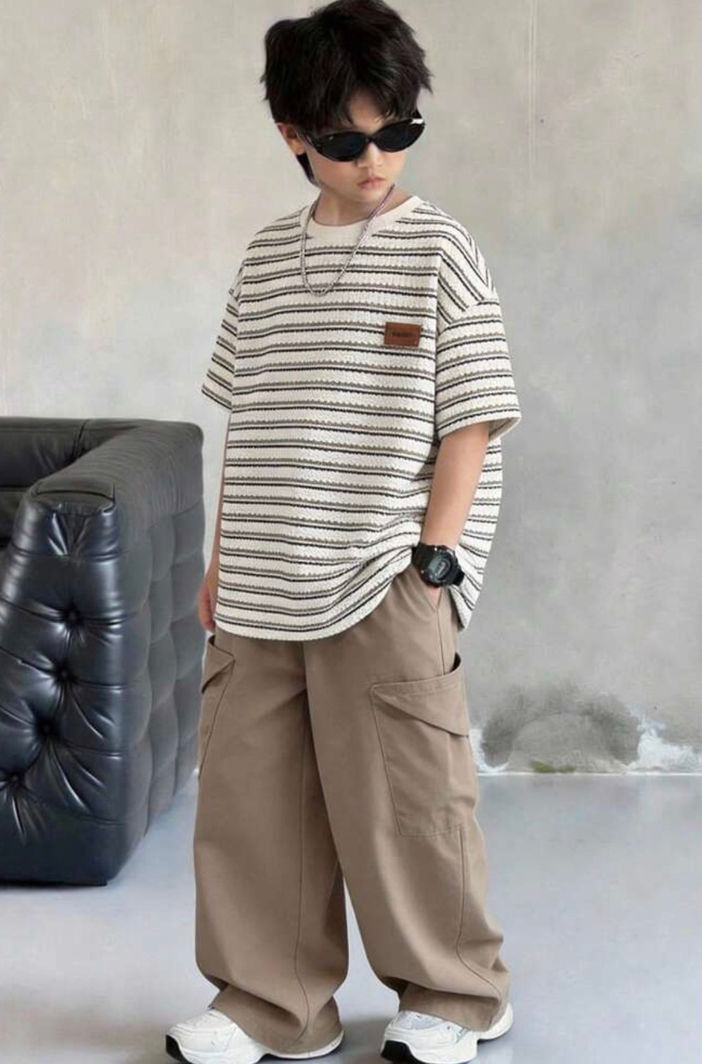 Kids Boys Striped Short Sleeve T-Shirt & Black Pants Casual Tracksuit Set