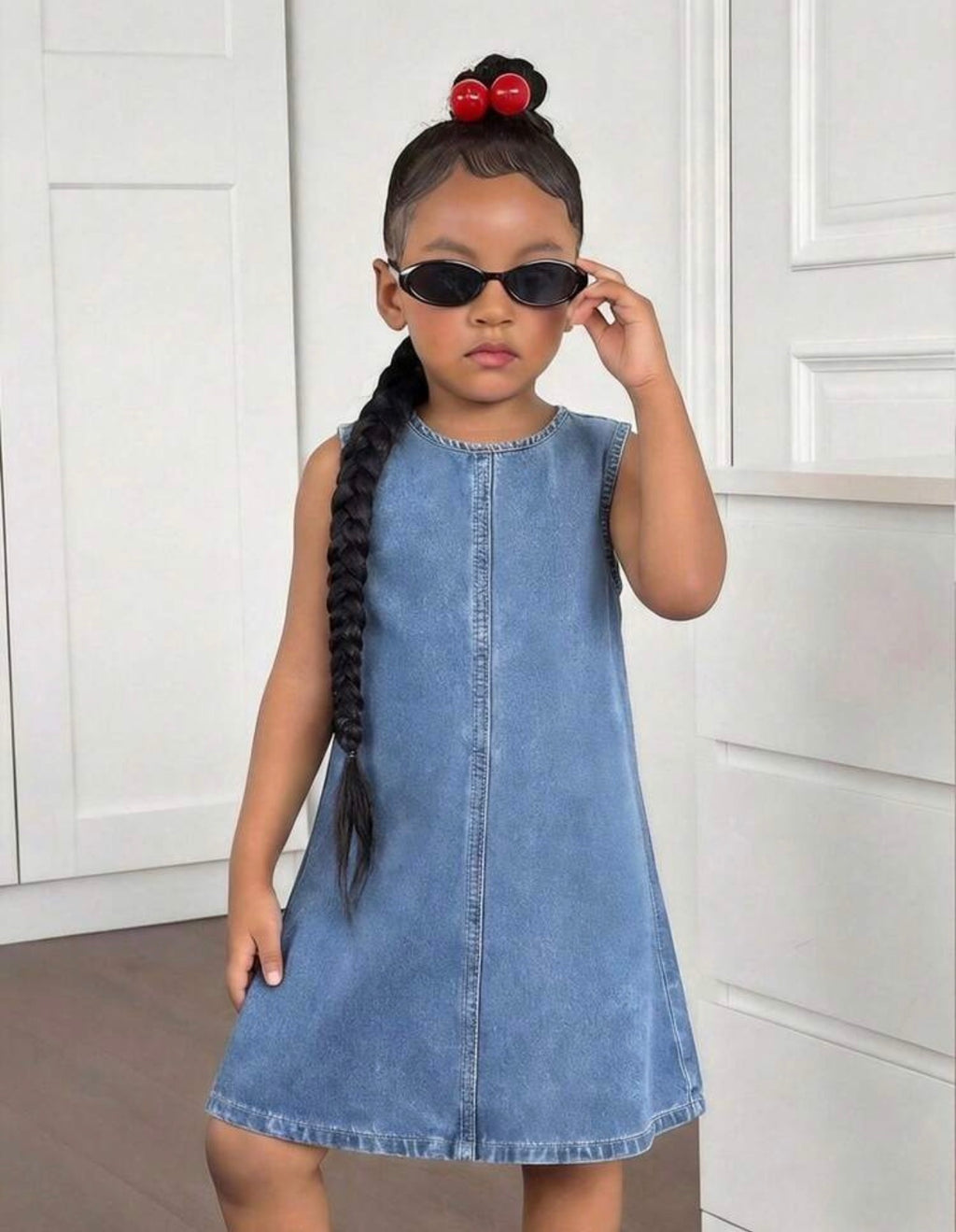 Girls Blue Denim Sleeveless Loose Casual Dress