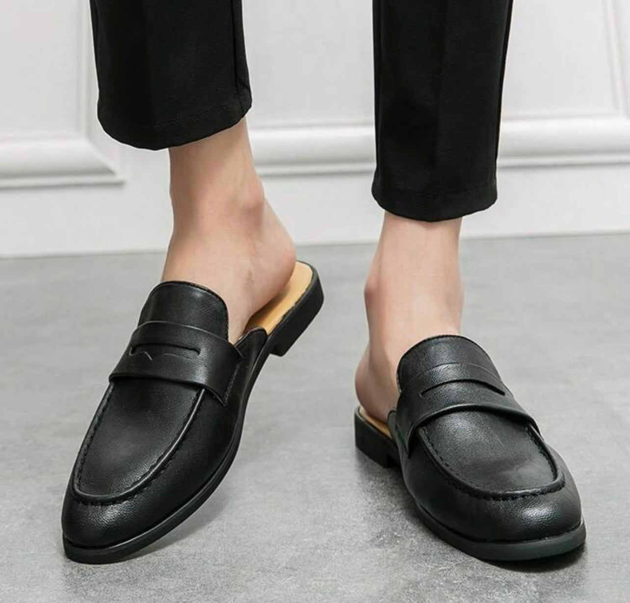 Men’s Classic Black & White Leather Slip-On Mule Sandals