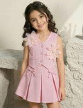Girls Vintage Floral Applique Blazer Vest & Mini Skirt Elegant 2-Piece Set