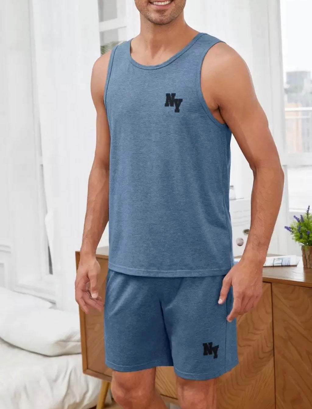 Men’s Graphic Letter Print Pajama Set, Comfortable Sleepwear Loungewear Two-Piece Set.