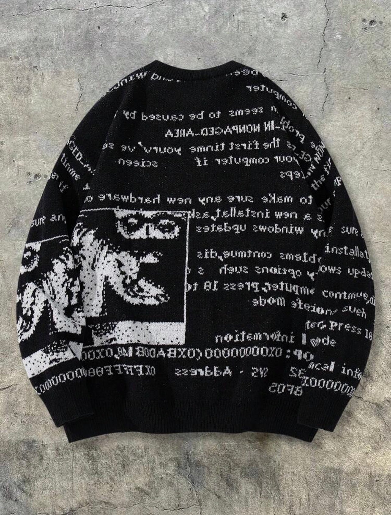Unisex Retro Abstract Letter Print Jacquard Knit Crew Neck Sweater – Casual Pullover