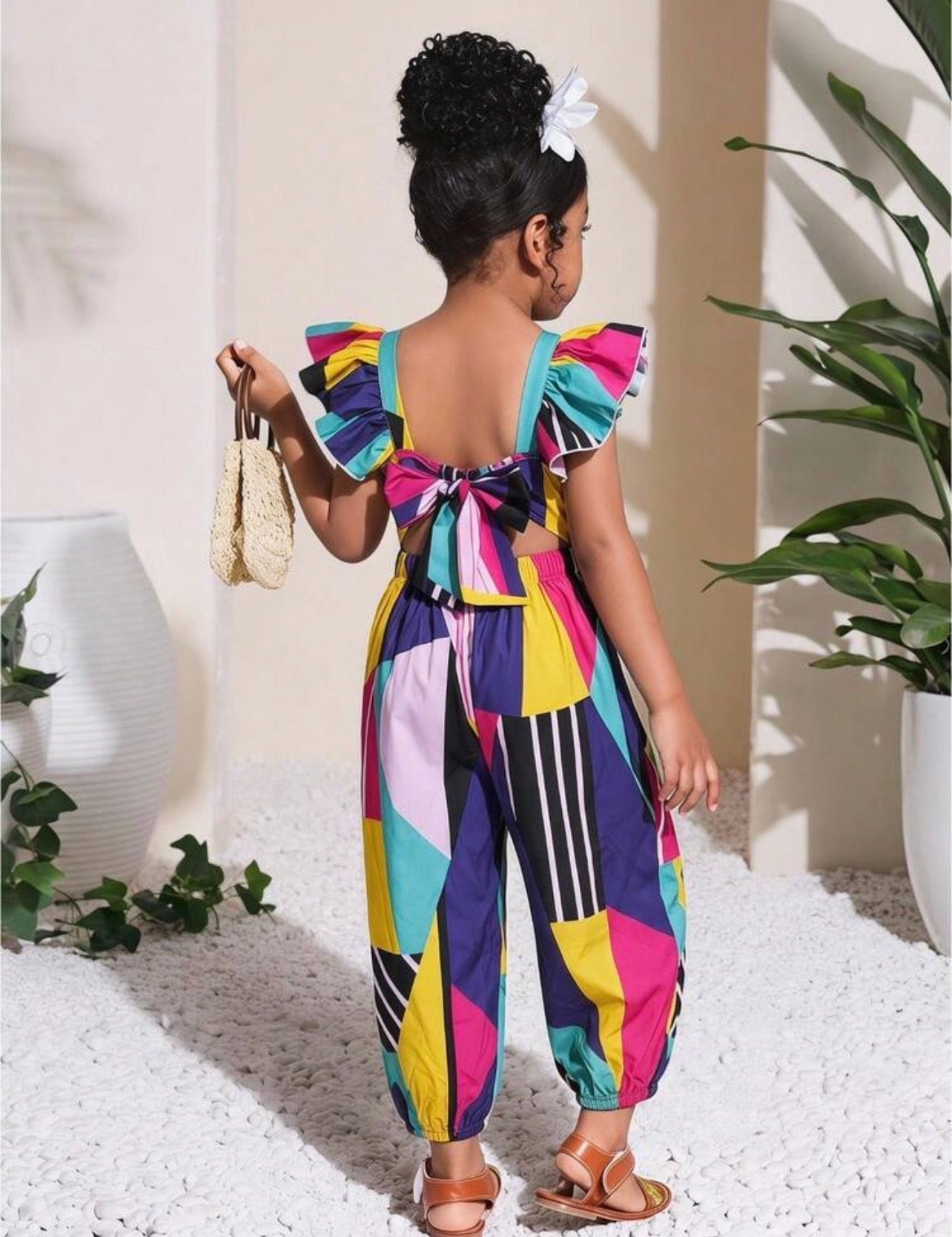 Girls Ditsy Floral Ruffled Collar Casual Jumpsuit
