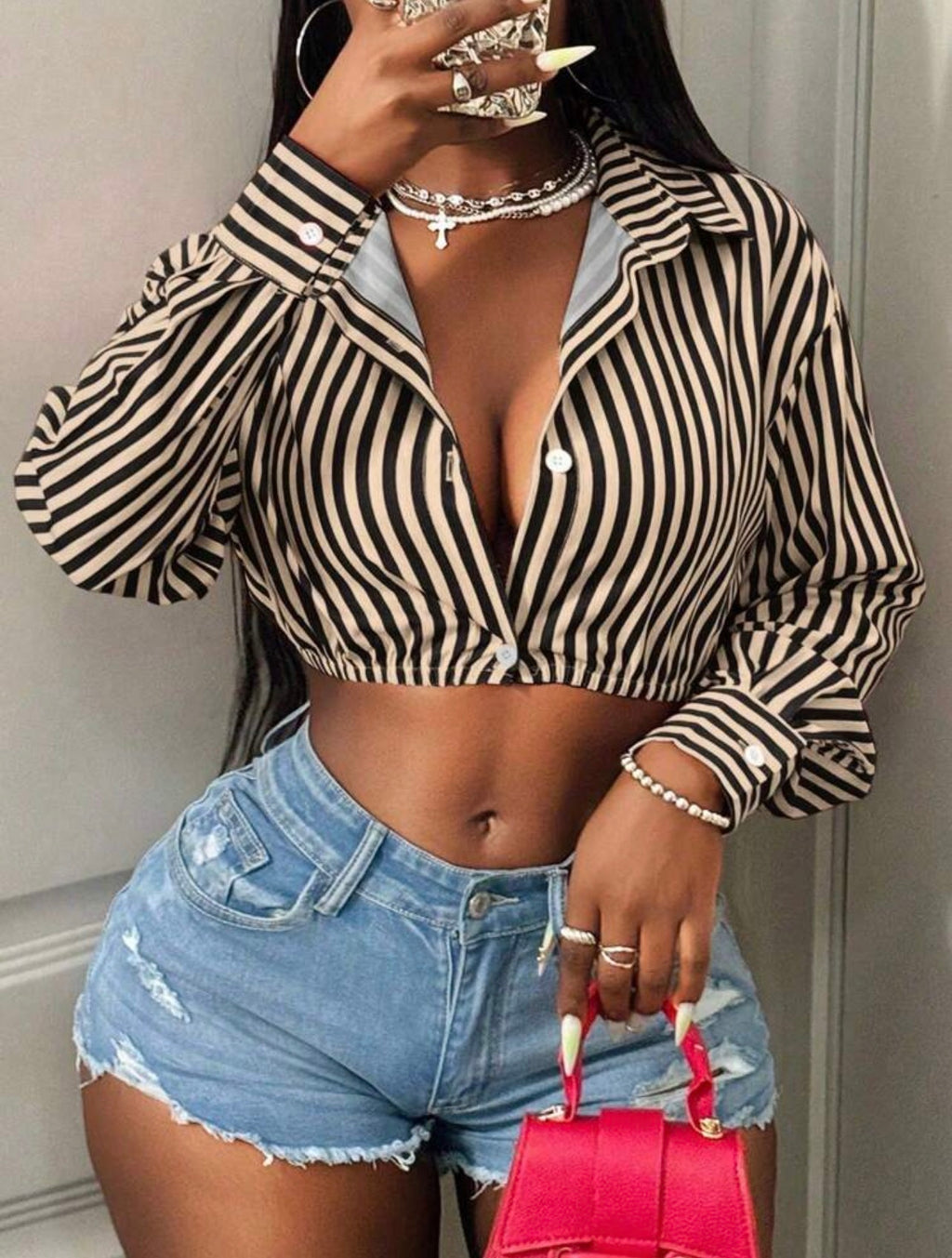 Women’s Striped Single-Breasted Cropped Long Sleeve Shirt – Casual Fashion Top