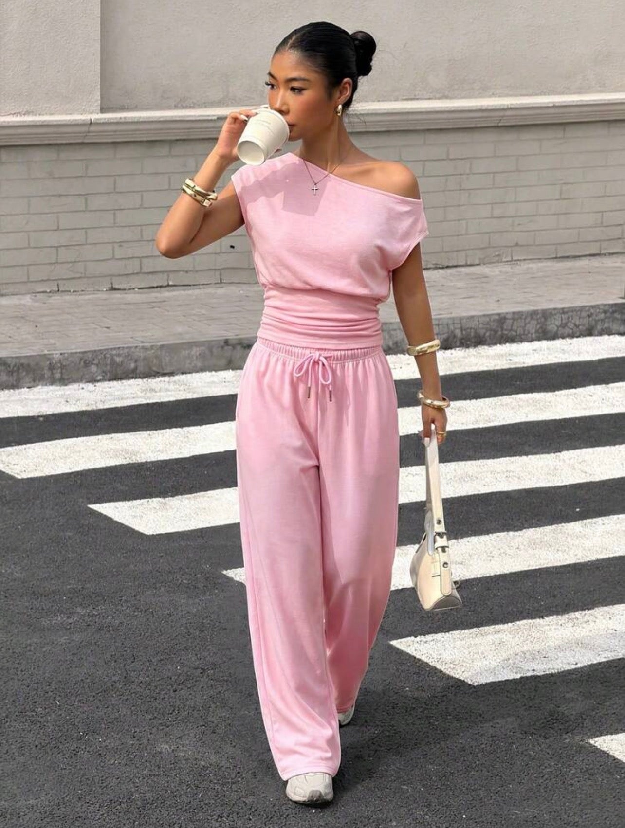 Women’s Asymmetrical Shoulder Cinched Waist Top & Loose Pants Two-Piece Set