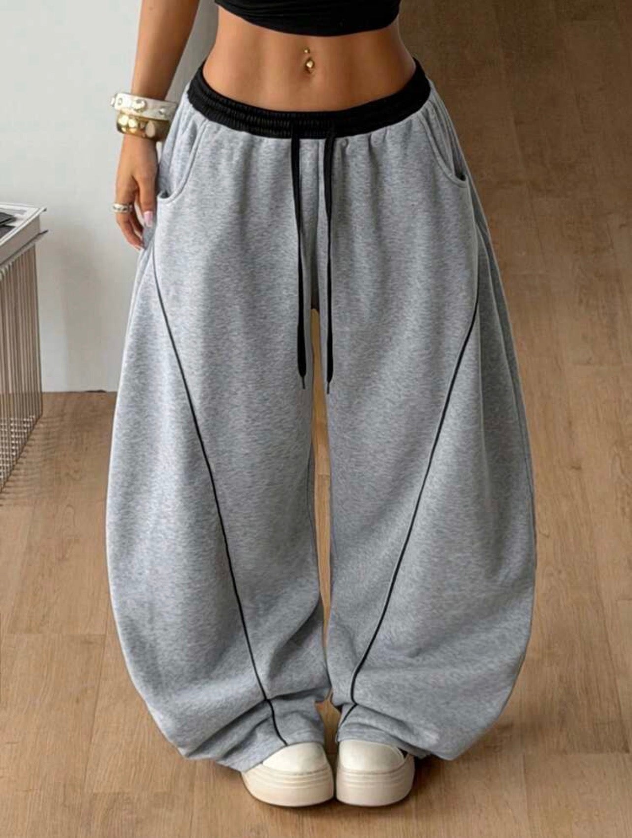 Women’s Casual Elastic Waist Curved Hem Pants – Preppy Streetwear Style