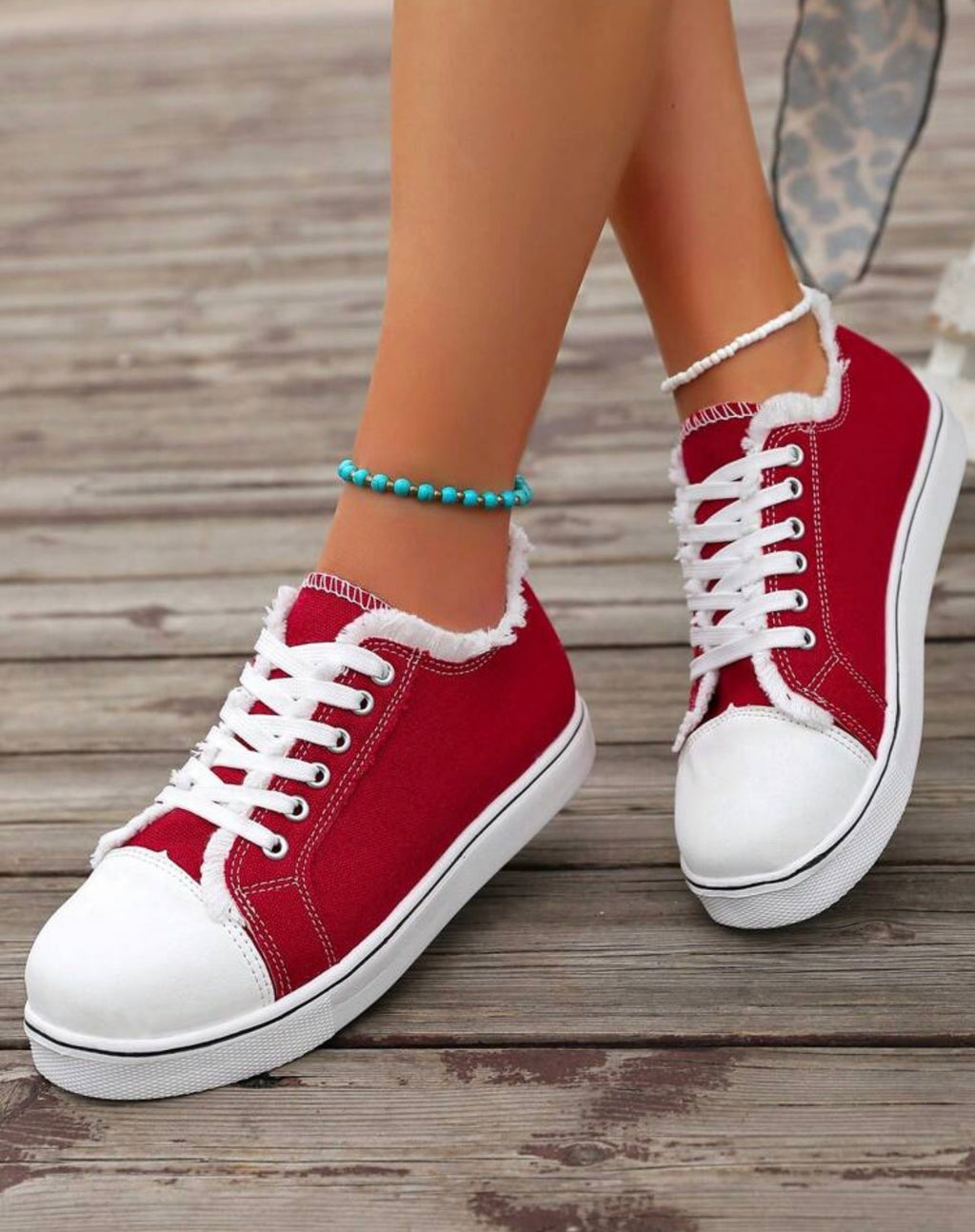 Women’s Round Toe Lace-Up Canvas Sneakers with Frayed Detail for Everyday Casual Wear
