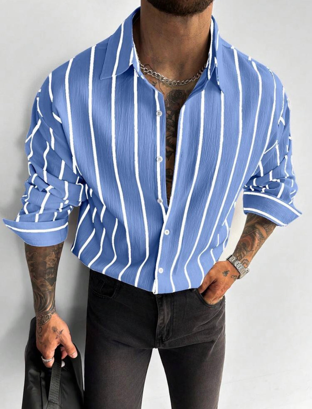 Men’s Classic Striped Linen-Feel Long Sleeve Button-Down Shirt – Casual Office Top
