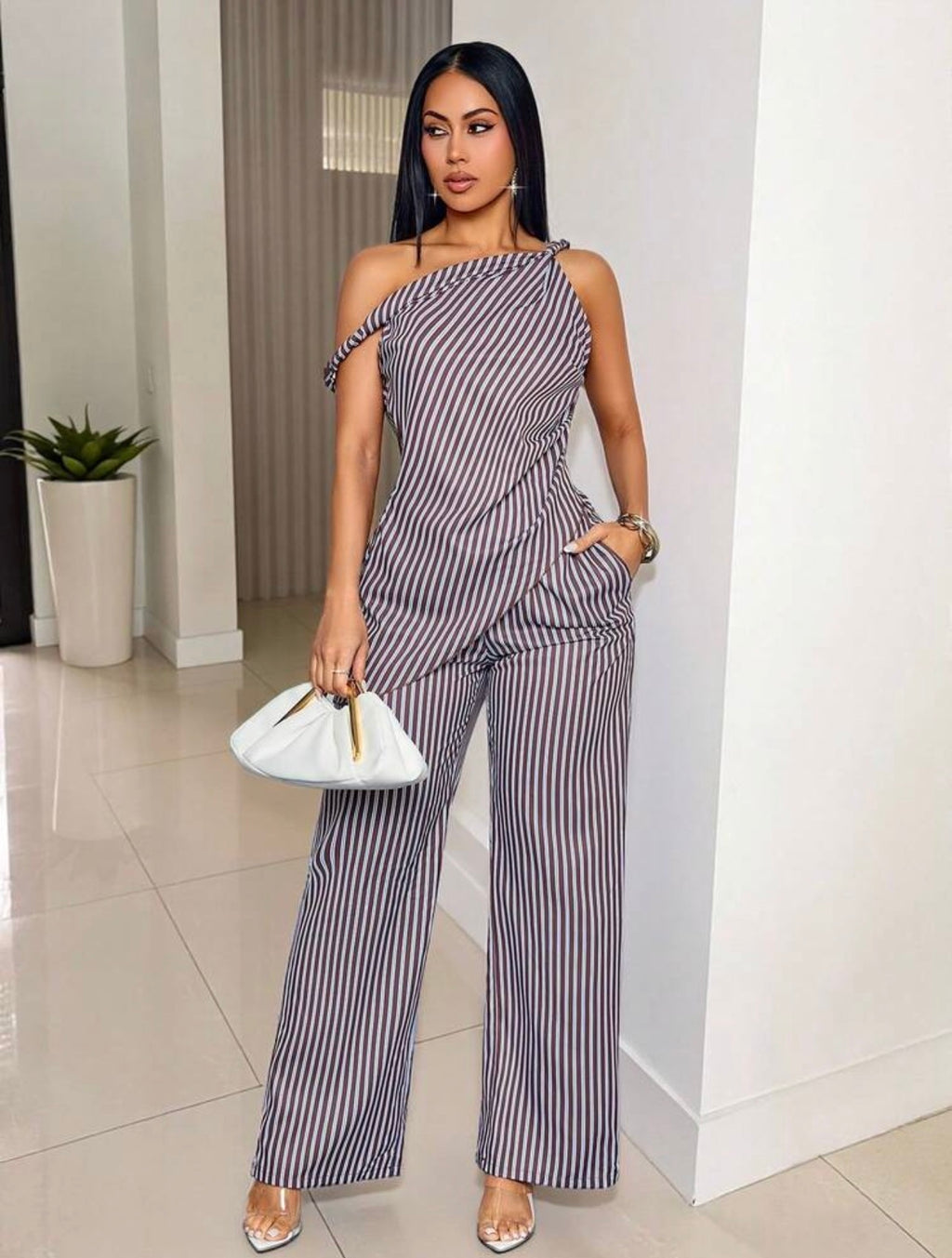 Chic Striped Asymmetrical One-Shoulder Blouse & Wide-Leg Pants Two-Piece Set for Women