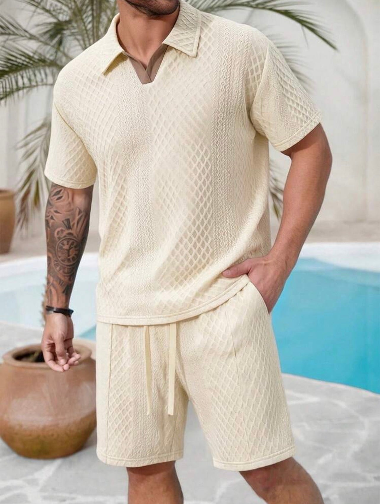 Men’s Polo Collar Short Sleeve Shirt & Shorts Two-Piece Resort Set – Casual Summer Outfit