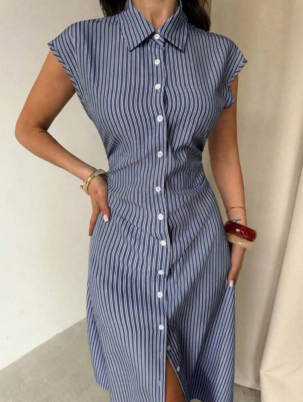 Women’s Striped Puff Sleeve Tie Waist A-Line Midi Shirt Dress – Elegant Casual & Office Wear