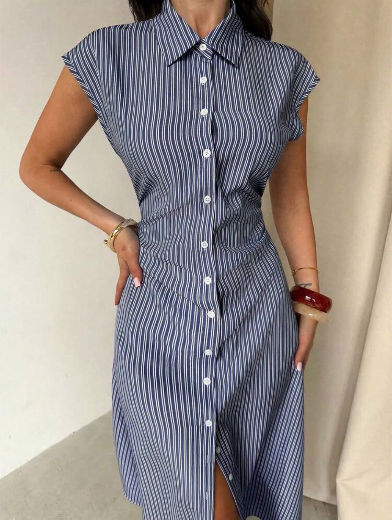 Women’s Striped Puff Sleeve Tie Waist A-Line Midi Shirt Dress – Elegant Casual & Office Wear