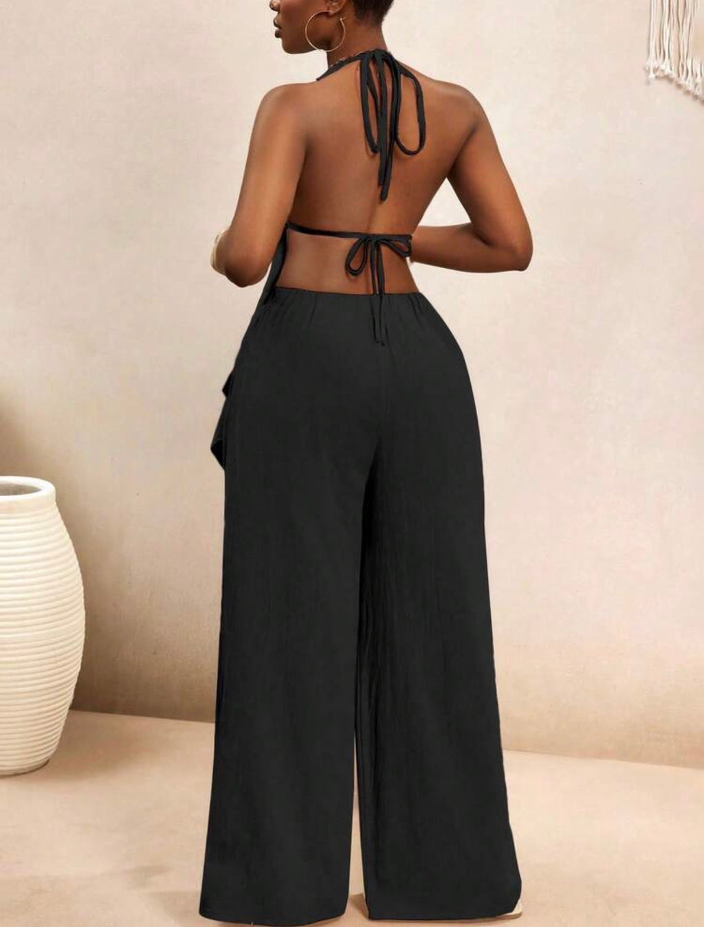 Women’s Bohemian Halter Backless Flowy Top & Wide Leg Pants Casual Vacation Set