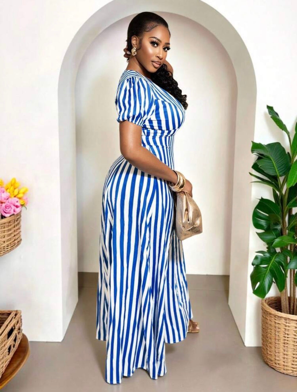 Women’s V-Neck Striped A-Line Maxi Dress – Elegant Casual Occasion Wear