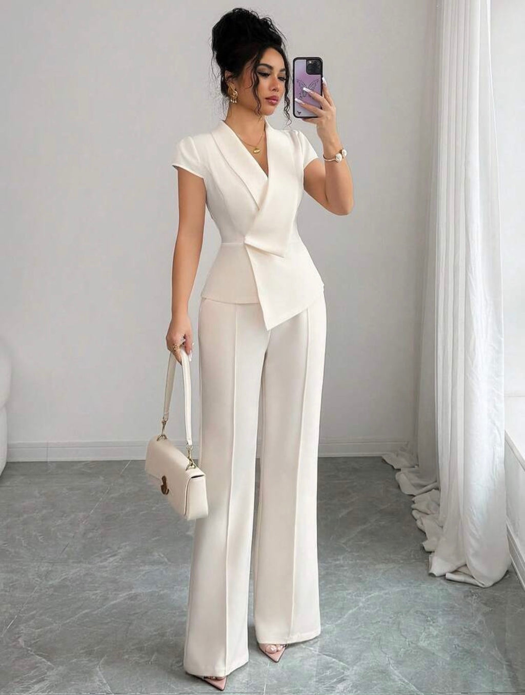 Women’s Elegant Asymmetrical Collar Puff Sleeve Blouse & Elastic Waist Pants Two-Piece Set
