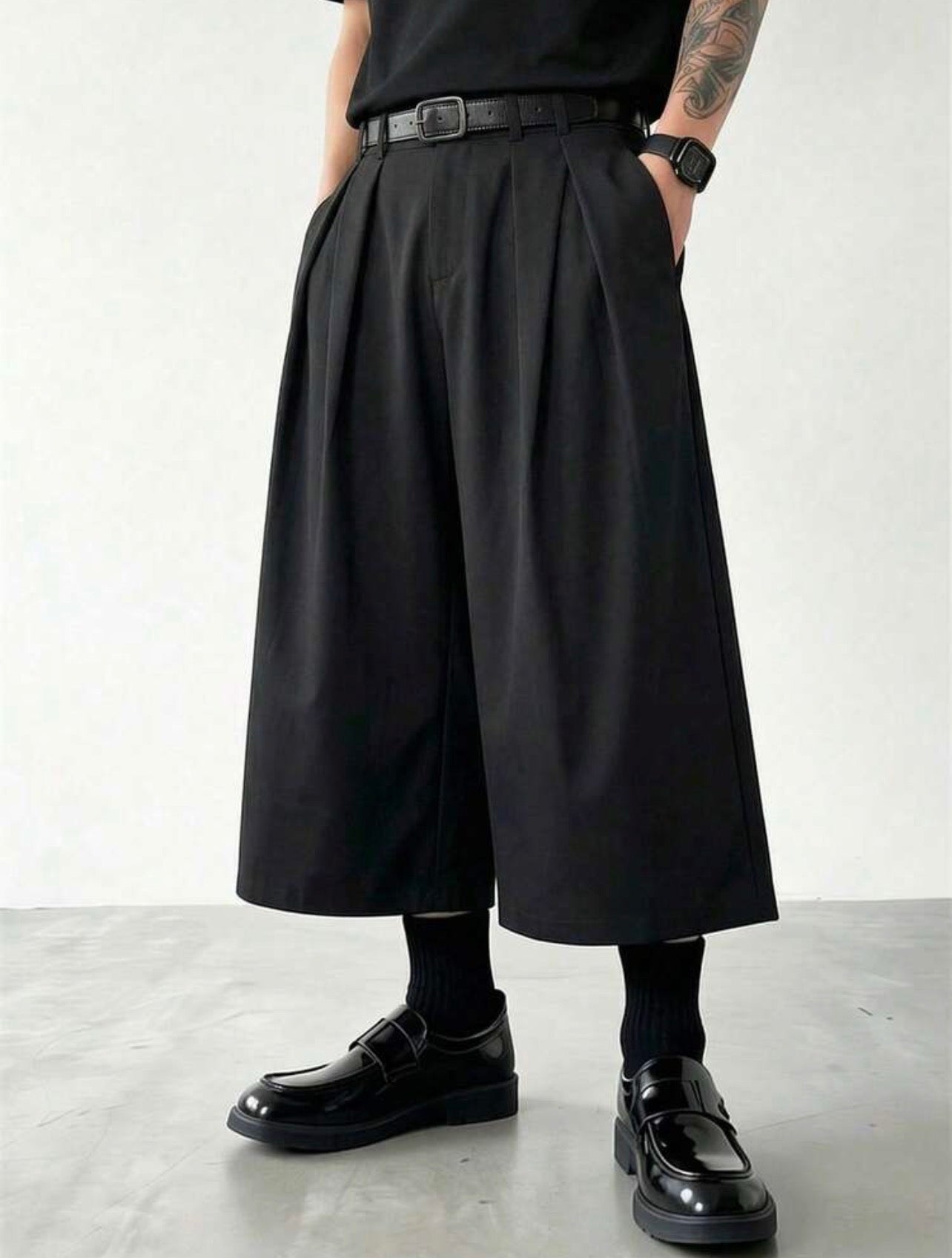 Men’s Black Baggy Wide Leg Woven Capri Pants – Casual Loose Fit Streetwear Trousers