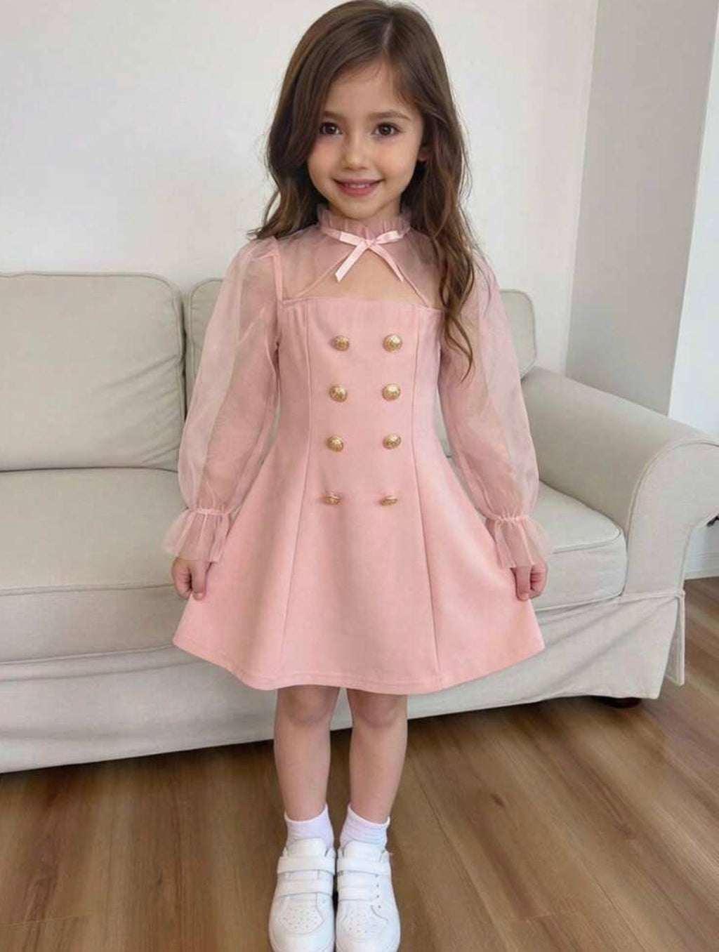 Girls Bow Detail Black A-Line Dress with Mesh Flare Sleeves & Turtleneck Design