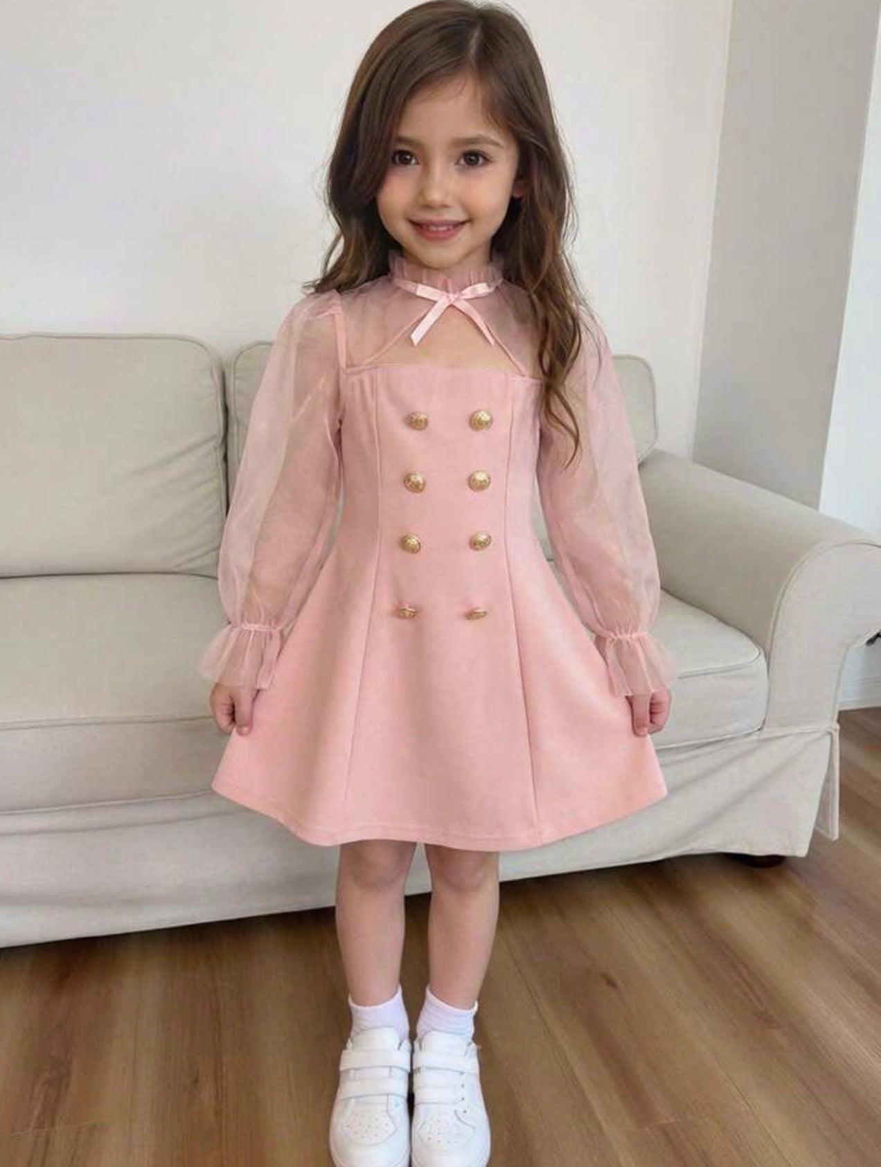 Girls Bow Detail Black A-Line Dress with Mesh Flare Sleeves & Turtleneck Design