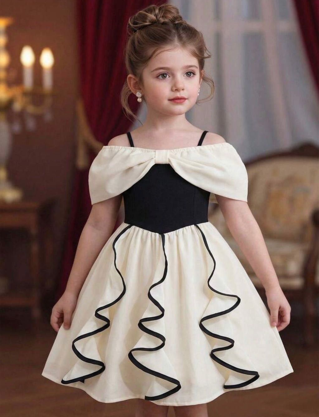 Girls Black Off-Shoulder Bow Detail Ruffle Princess Dress for Parties & Special Occasions