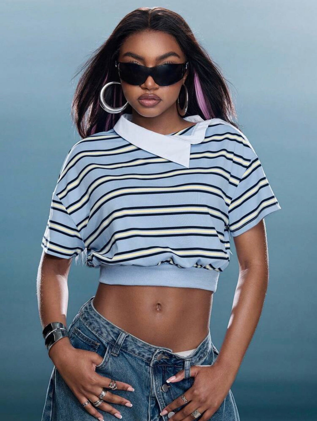 Women’s Asymmetrical Collar Striped Cropped Polo Top – Streetwear Fashion Shirt