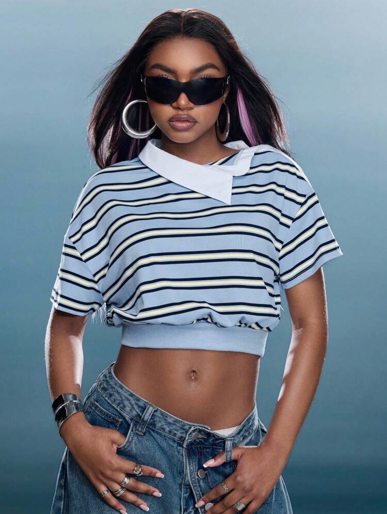 Women’s Asymmetrical Collar Striped Cropped Polo Top – Streetwear Fashion Shirt