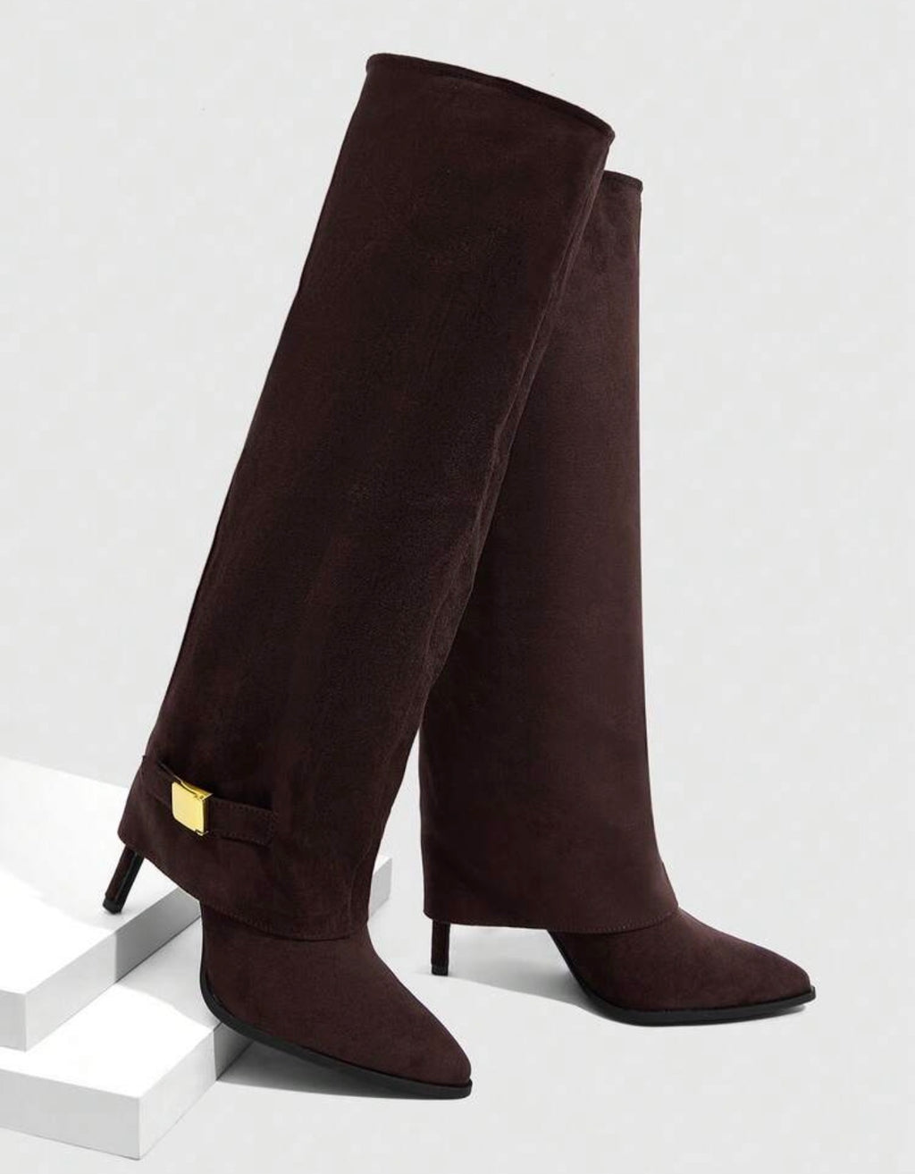 Women’s White Pointed Toe Knee-High Boots with Metal Accent & Slim High Heel