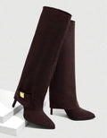 Women’s White Pointed Toe Knee-High Boots with Metal Accent & Slim High Heel